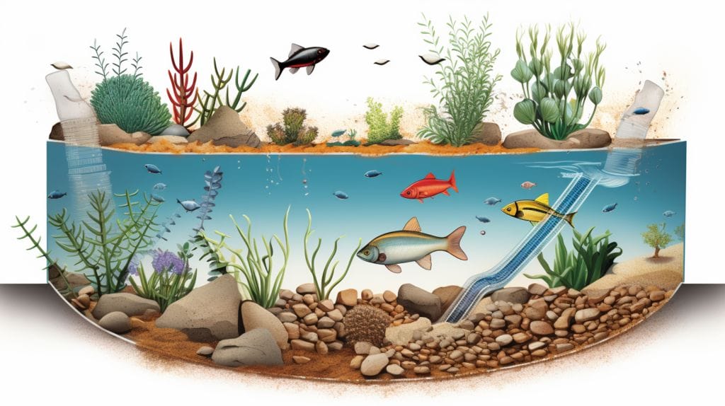 5-gallon aquarium with gravel depth measurement and colorful scenery.