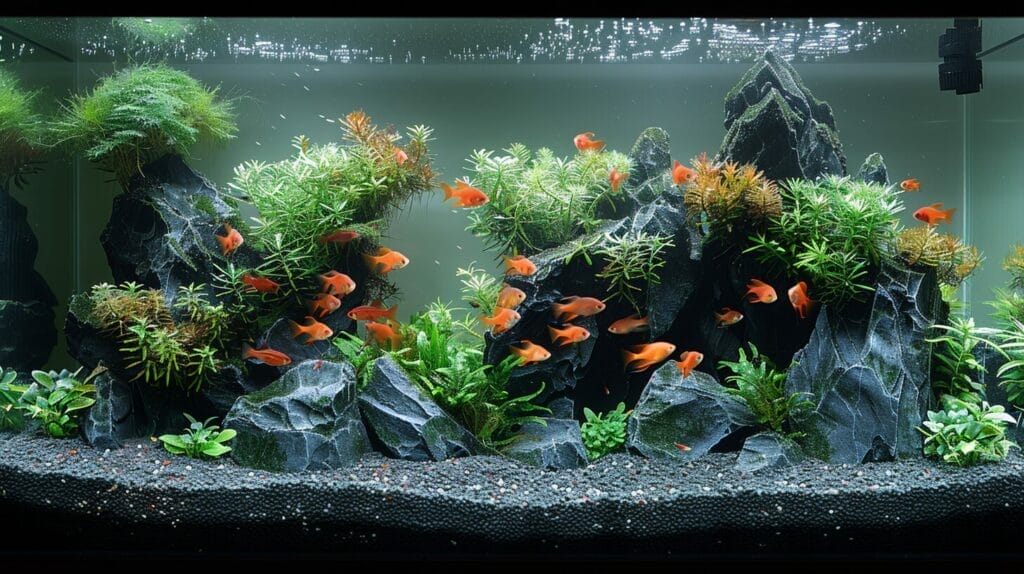 A fish tank with CO2 injection system, specialized filter media, and pH-lowering products to lower alkalinity