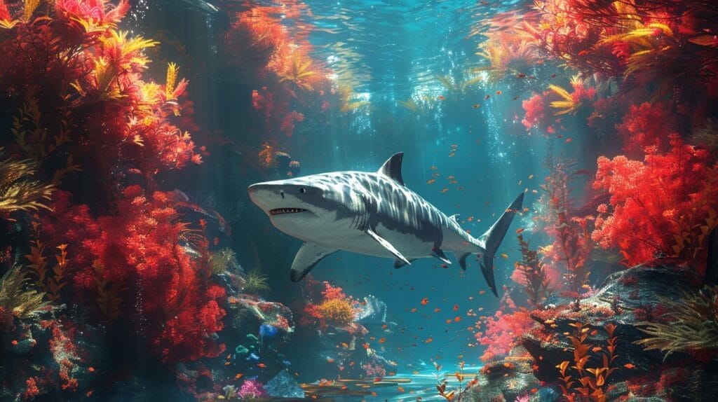 A freshwater shark swimming peacefully in a beautifully decorated aquarium.