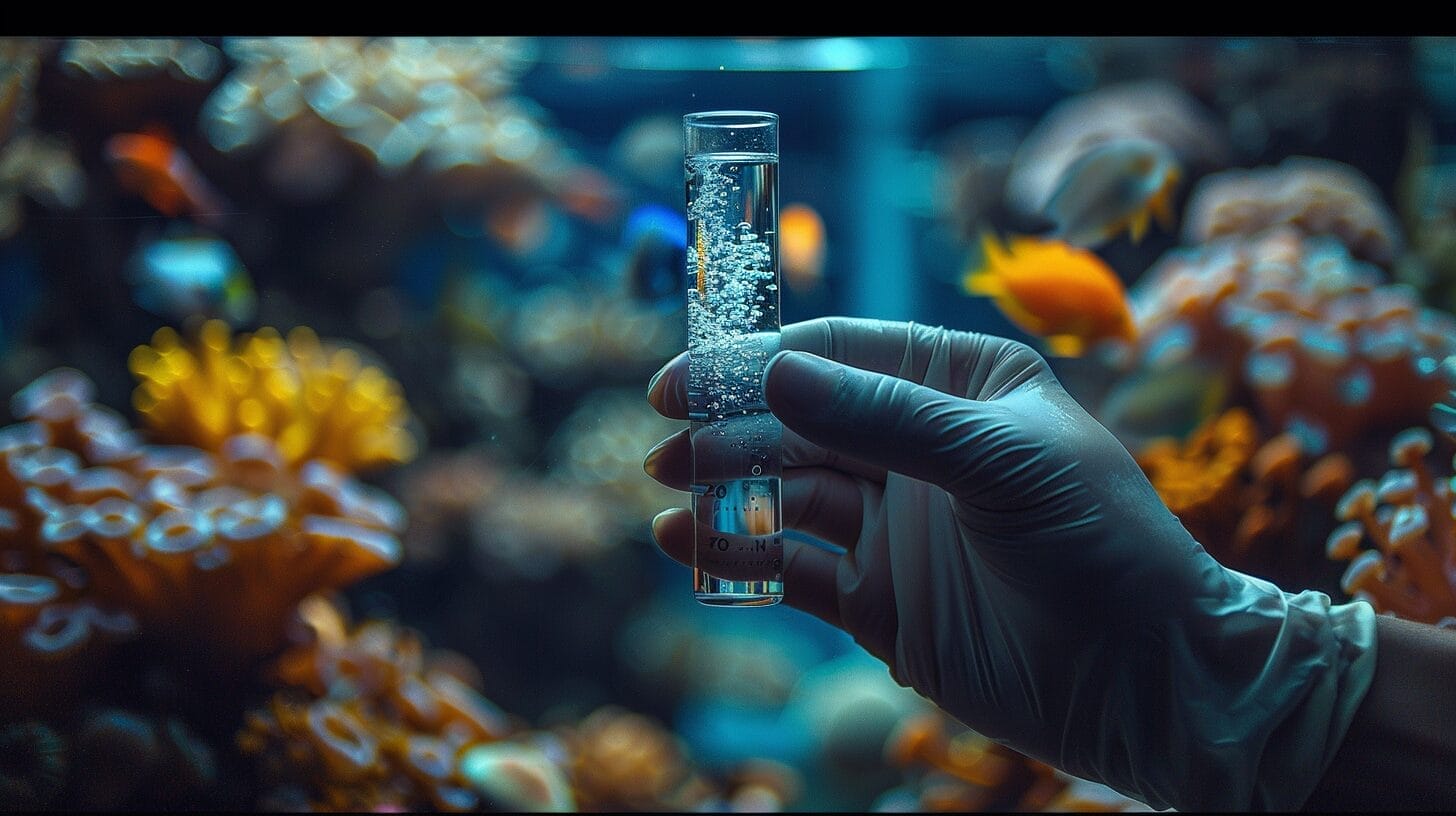 A hand holding a pH testing kit with a blue test tube in front of an aquarium
