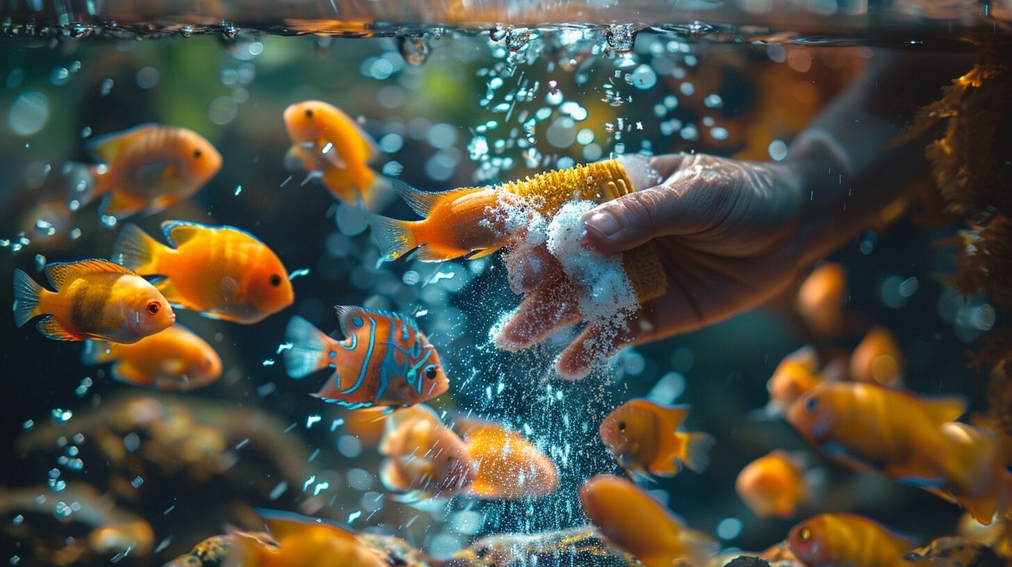 A hand using a scrubber to remove white algae from a fish tank, with a group of fish swimming in the clear water.