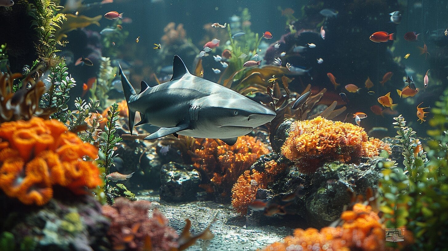 A large, powerful shark swimming in a small, vibrant fish tank filled with colorful coral and tiny fish.