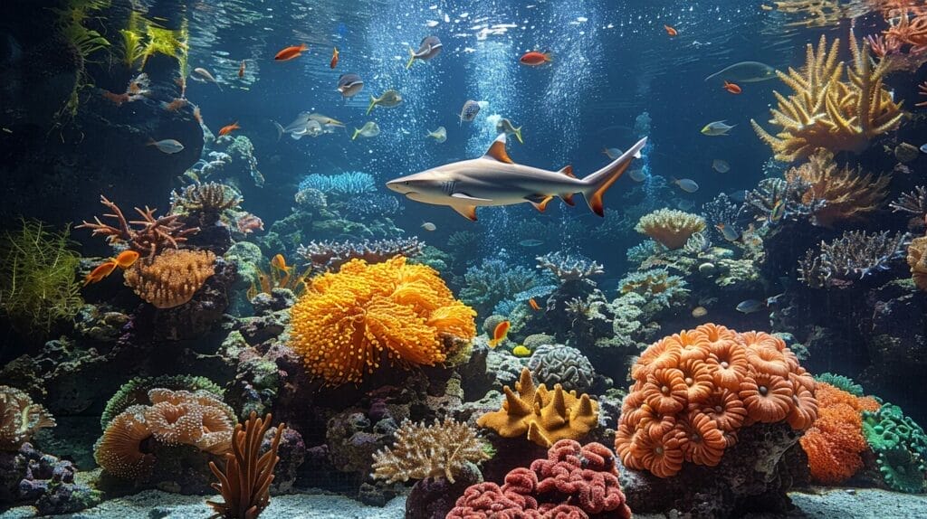 A large saltwater aquarium filled with colorful coral, rocks, plants, and a variety of small and medium-sized sharks swimming gracefully.