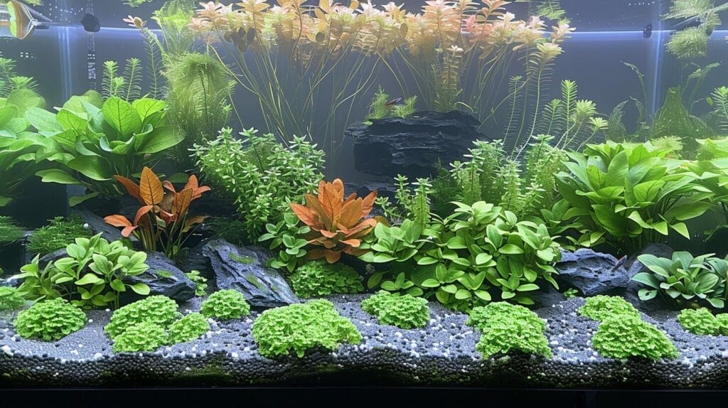 A meticulously maintained aquarium landscape with lush plants, rocks, and driftwood positioned according to the Rule of Thirds.