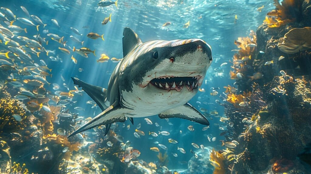 A shark lurking near a school of fish in an aquarium tank, illustrating a tense moment before an attack.