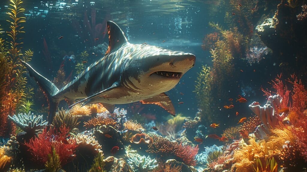 A shark swimming in a clean, diverse aquarium with colorful coral, plants, proper filtration, and feeding stations.