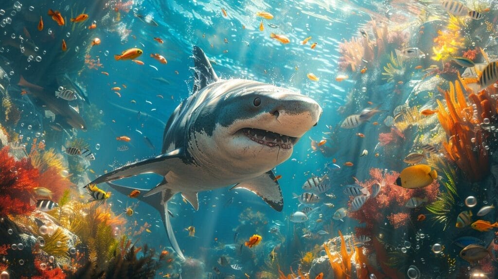 A shark swimming peacefully with smaller fish in an aquarium, surrounded by colorful distractions to prevent predation.
