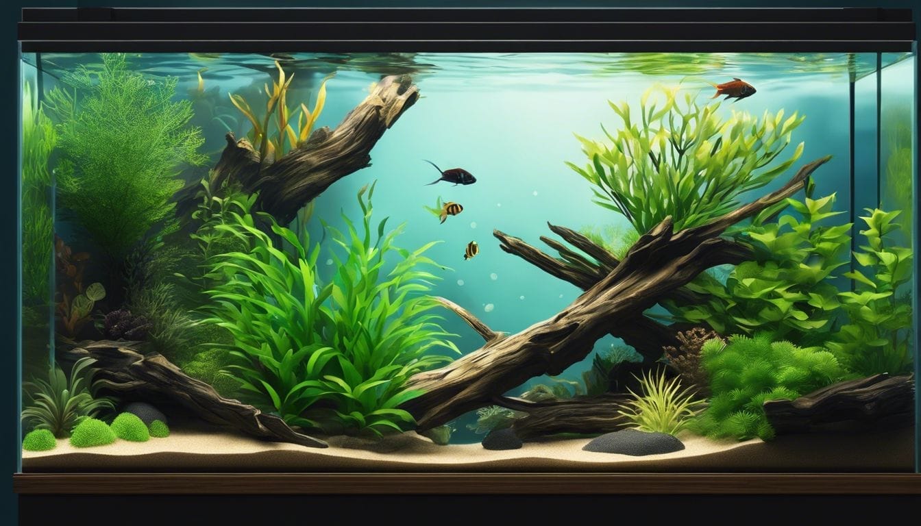 A flat design of an aquatic planted aquarium with driftwood and fish.