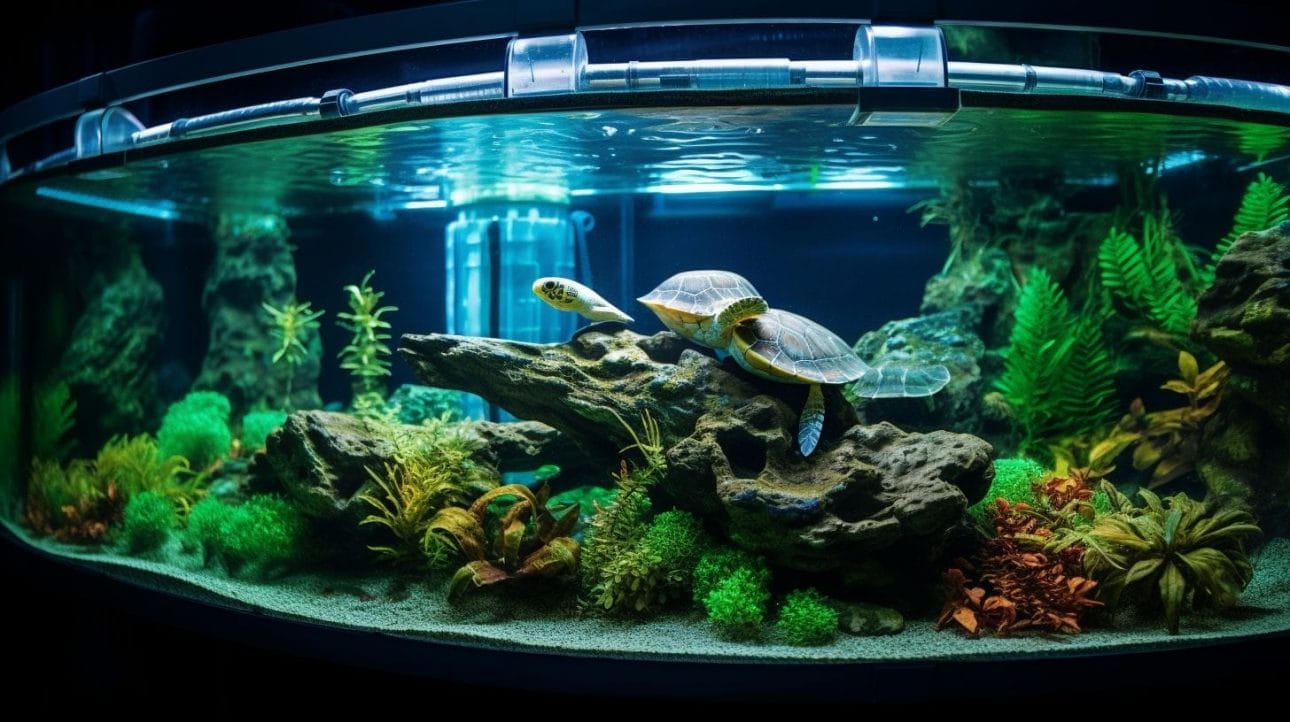 A turtle tank with a securely installed heater and guards.