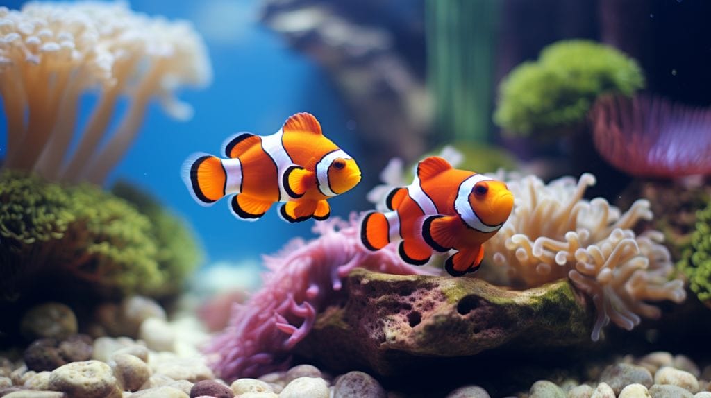 A vibrant saltwater aquarium with two colorful clownfish and thriving coral.