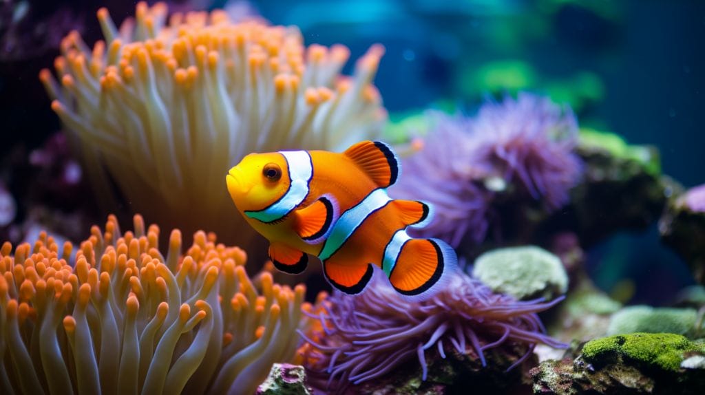 Clown Fish Minimum Tank Size: A vibrant clownfish swimming in a colorful coral reef.