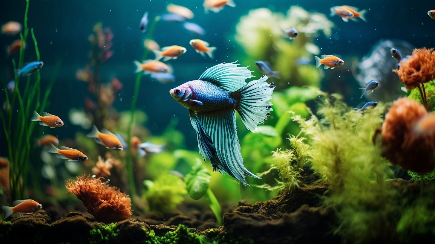 A serene aquarium with numerous betta fish swimming among plants.