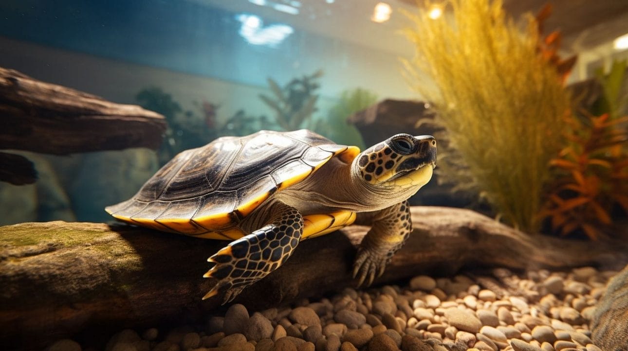 A turtle basking under a heat lamp next to a tank.