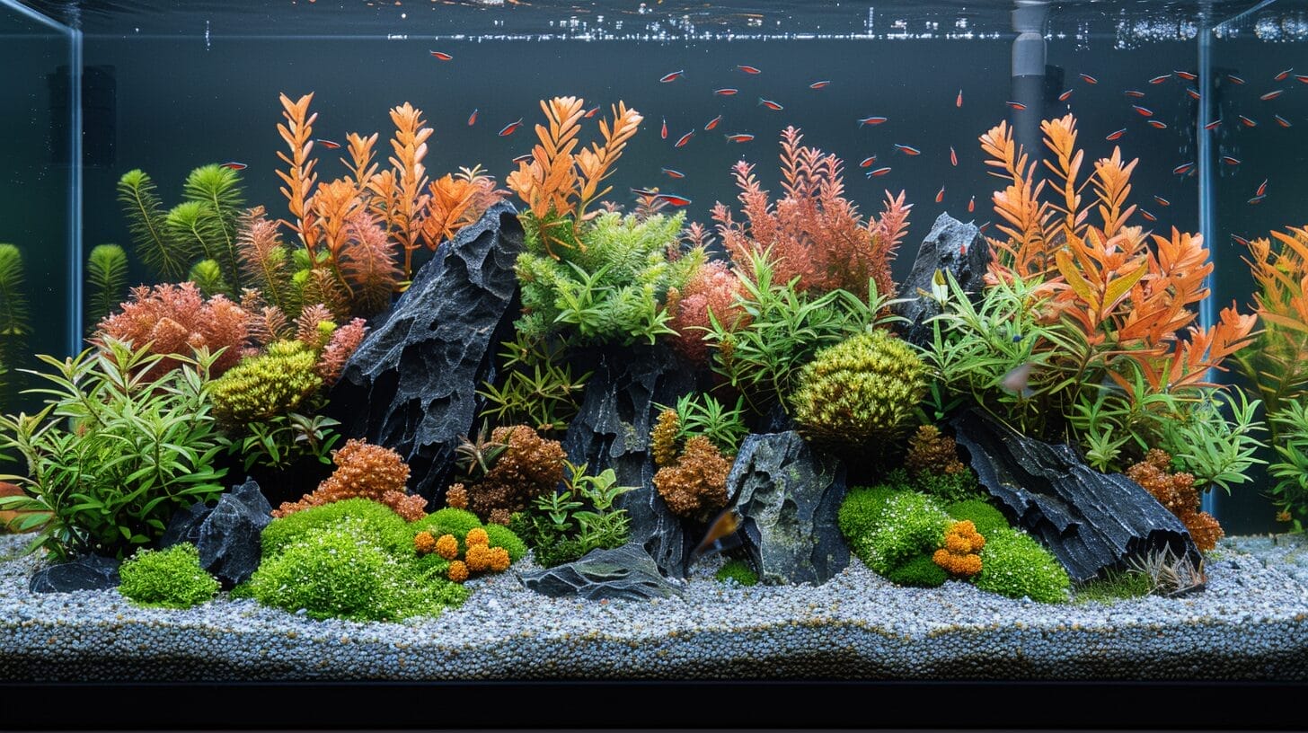 An appealing aquarium landscape, the focal point positioned at an intersection of the Rule of Thirds grid, featuring a variety of aquatic plants and rocks.