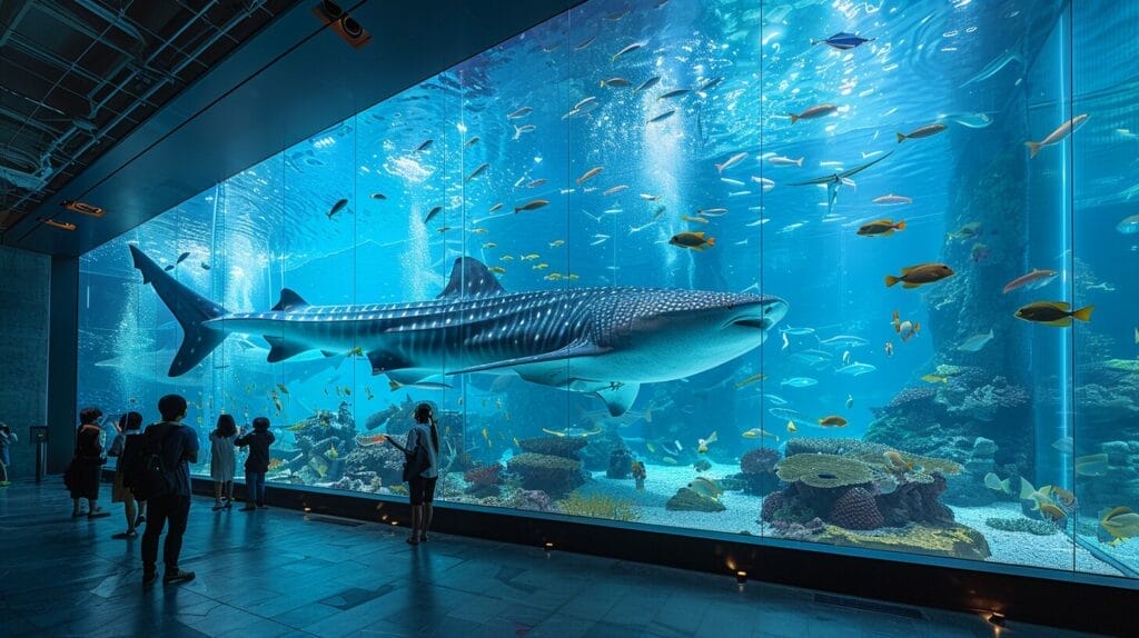 An aquarium exhibit showing a shark and smaller fish separated by a large, visible acrylic wall.