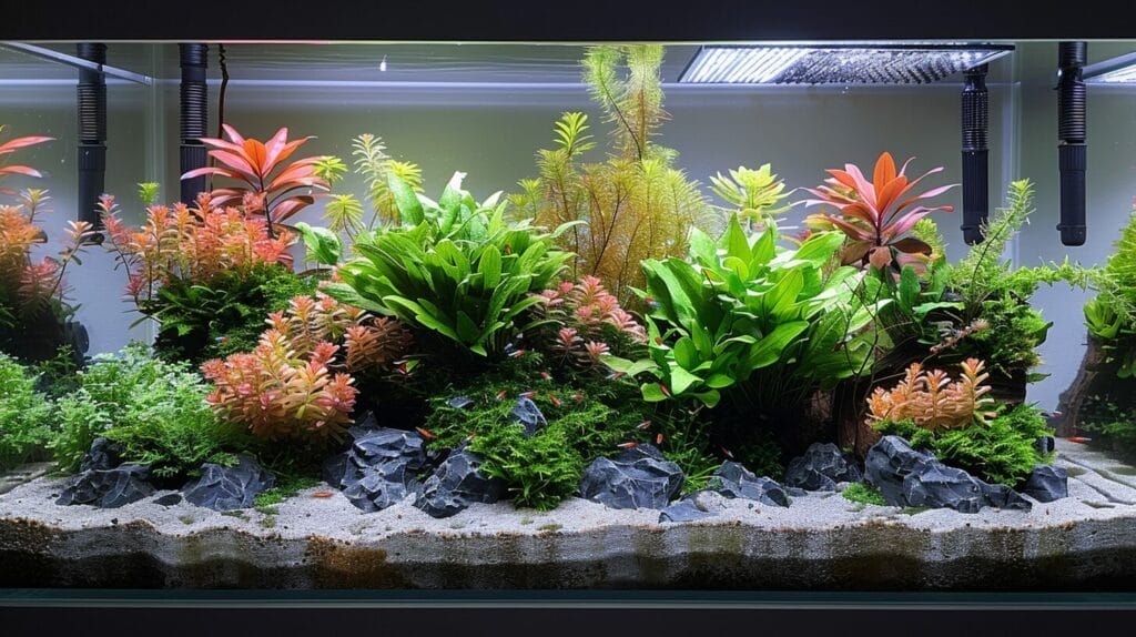An aquascape with a focal point at the intersection of the Rule of Thirds grid, featuring lush green plants, driftwood, and colorful fish.