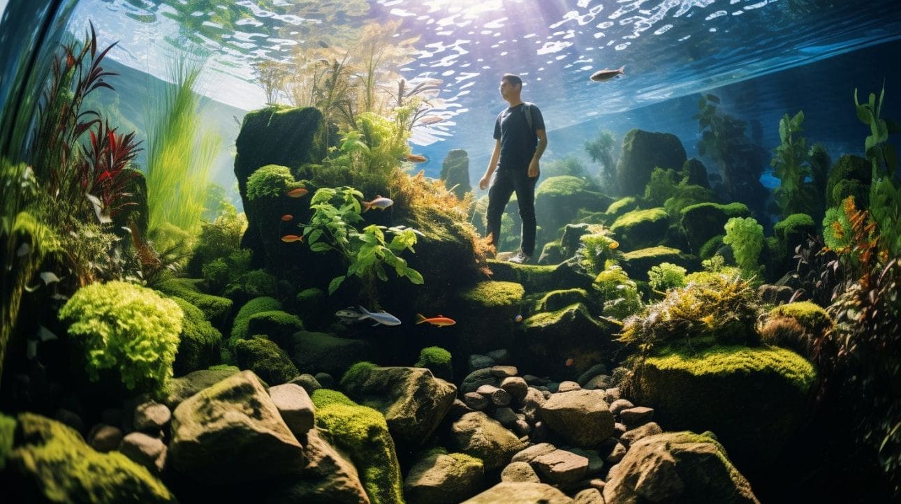 A balanced aquarium ecosystem with thriving fish and plants.