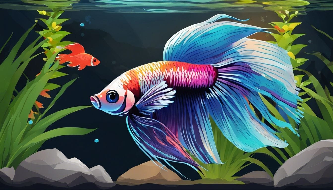 A colorful betta fish swimming in a vibrant aquarium with plants and rocks.