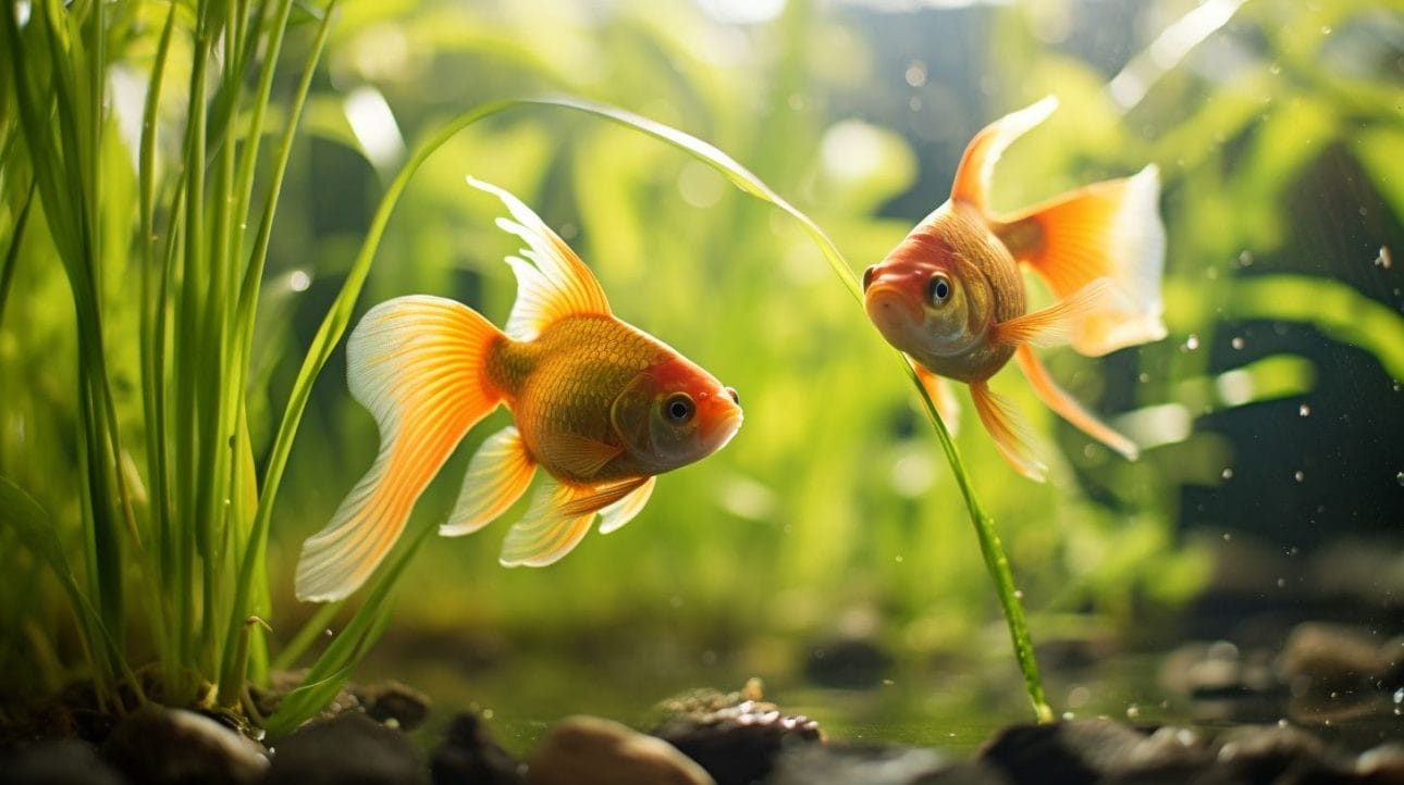 Two mature comet goldfish swimming among aquatic plants in nature.