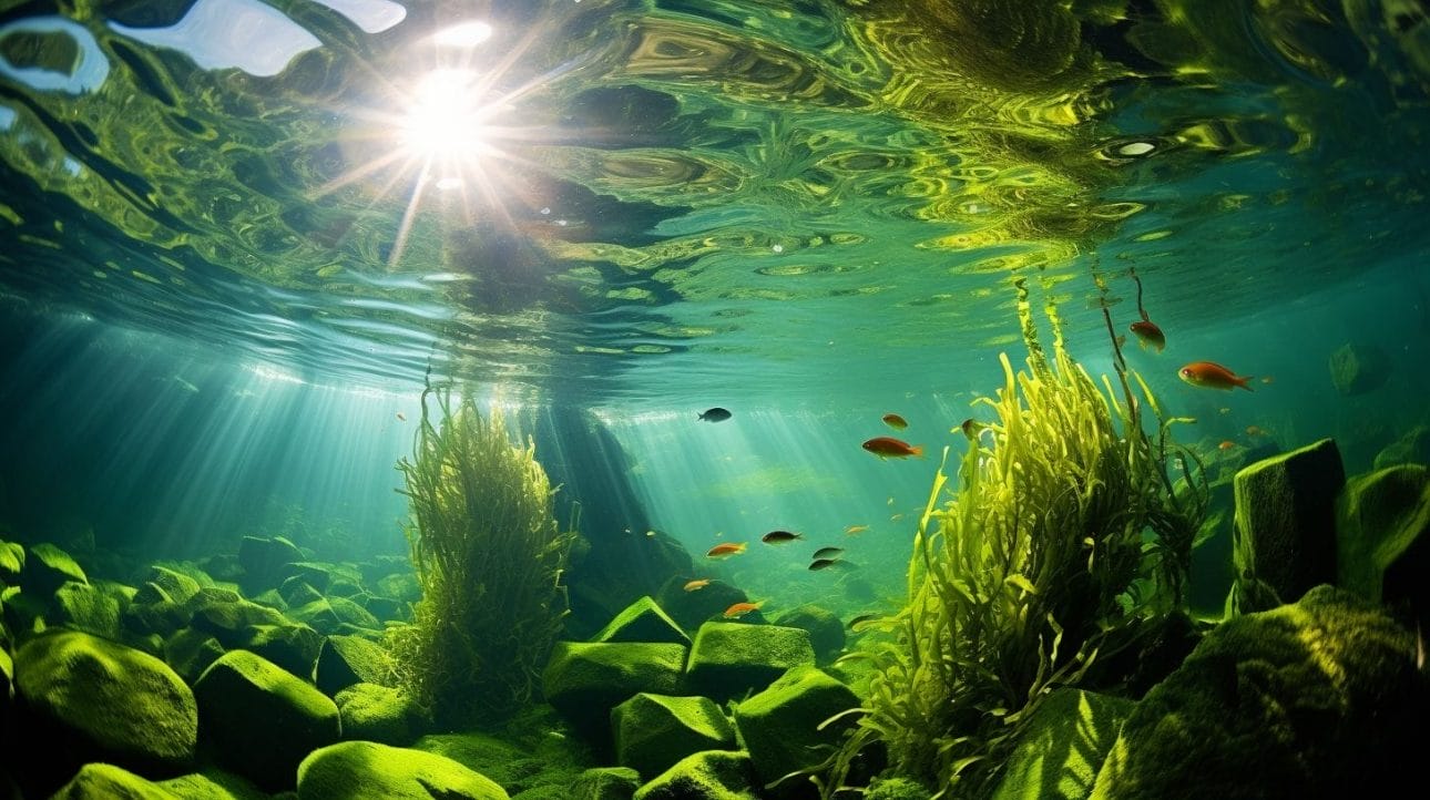 The image showcases vibrant green aquarium algae underwater in a wide-angle view