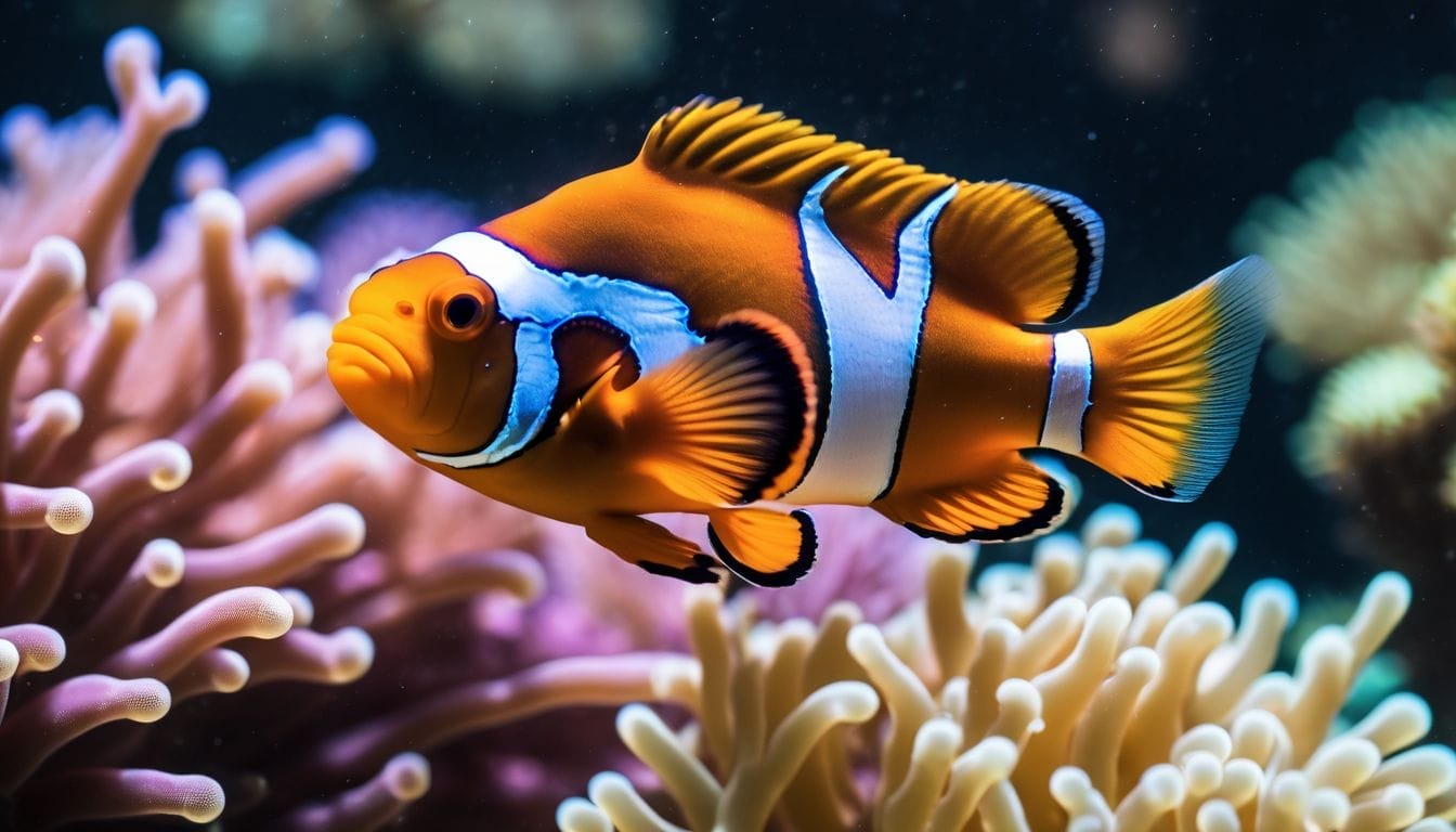 A pair of ocellaris clownfish swim among vibrant coral in a spacious tank.