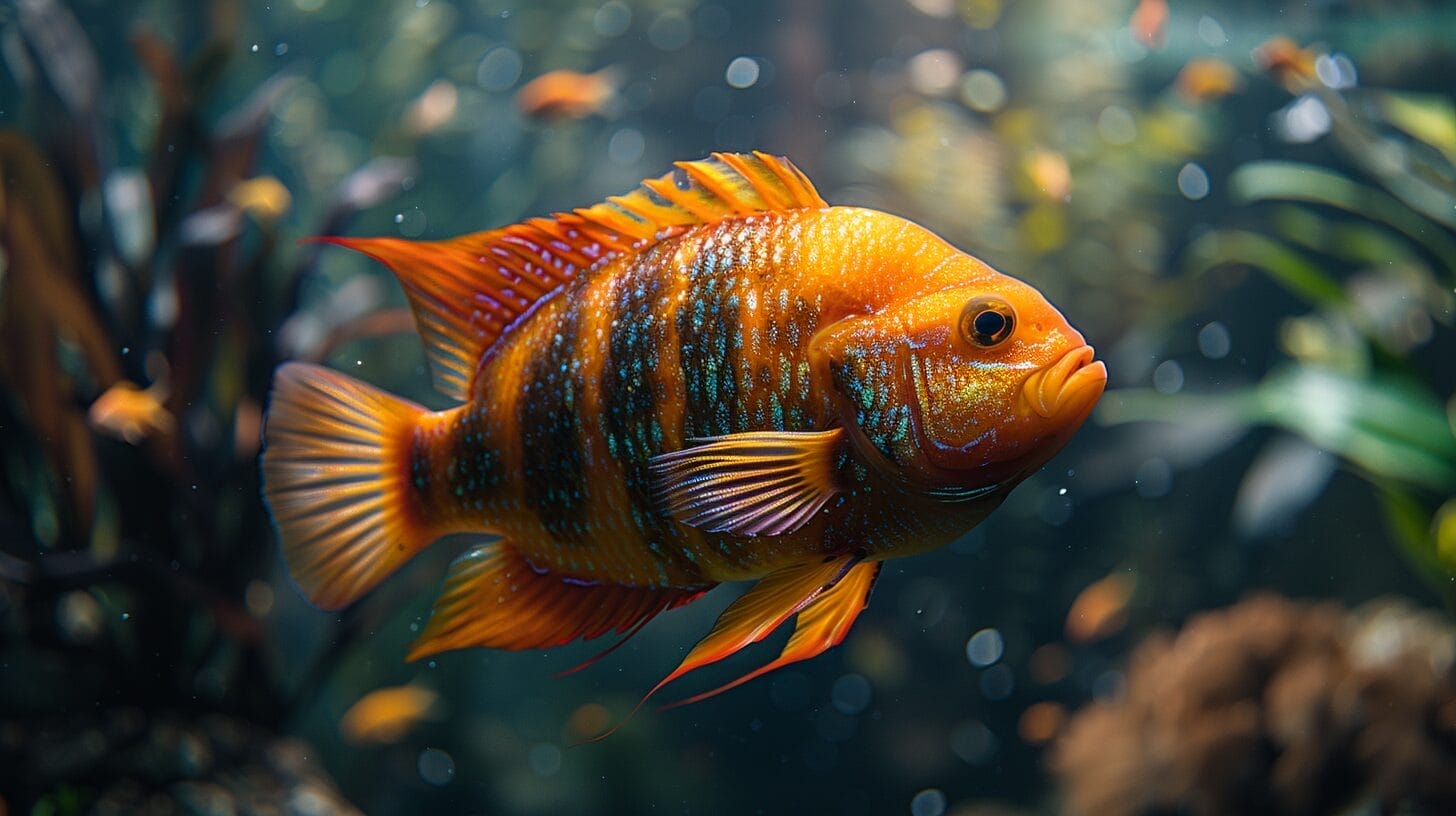 Colorful Oscar fish in large aquarium.