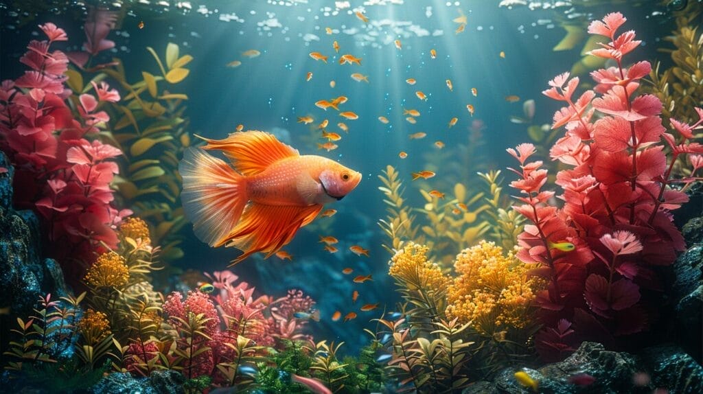 Colorful aquarium with diverse fish species interacting with a variety of food options, showcasing their omnivorous diet.