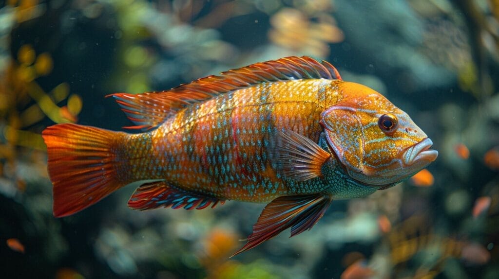 Colorful, large Oscar fish in spacious aquarium.