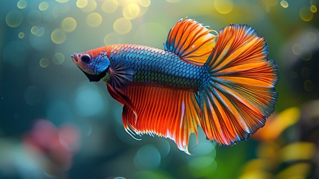 Colorful male betta fish in well-maintained aquarium.