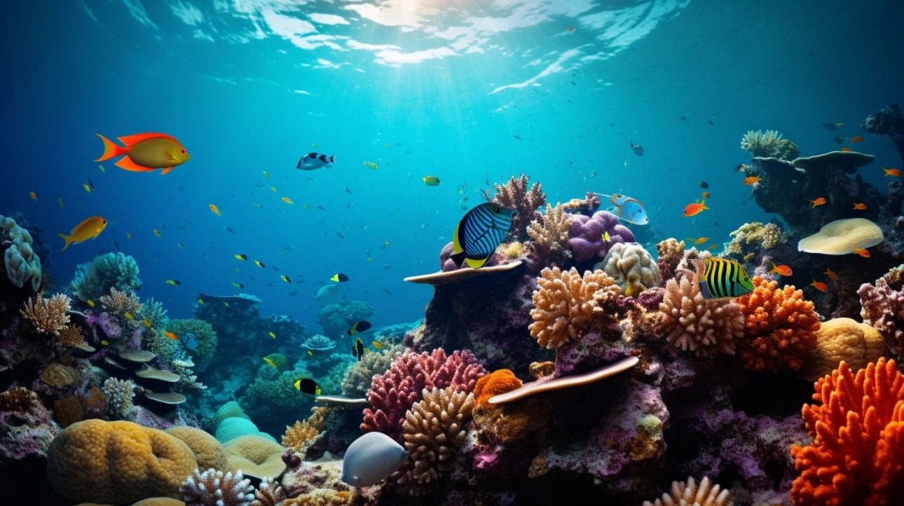 A vibrant coral reef aquarium full of thriving marine life.