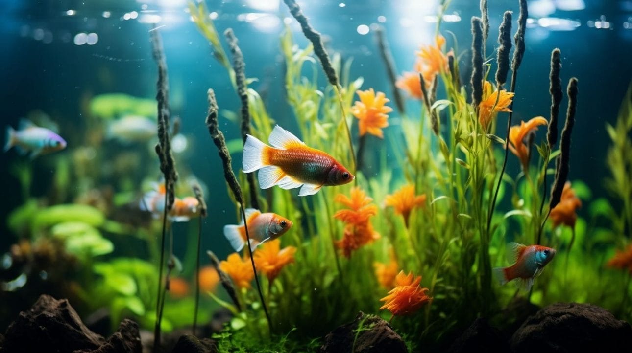 Colorful fish and live plants in an aquarium
