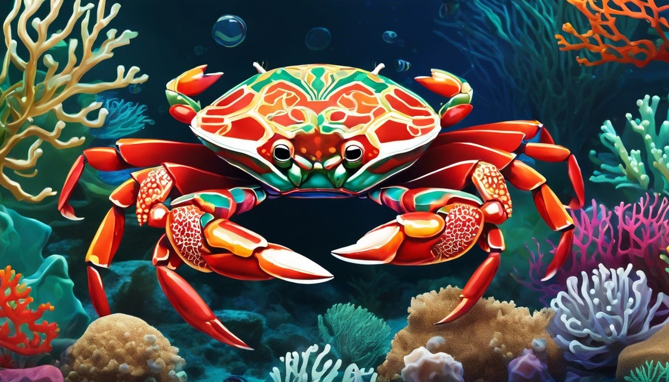 A colorful emerald crab exploring a vibrant reef tank.