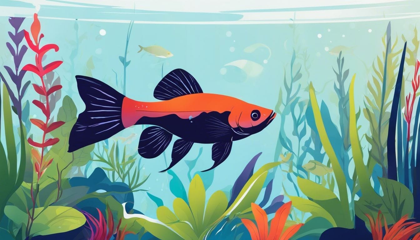 A Cory catfish swimming among vibrant aquatic plants in a tank.