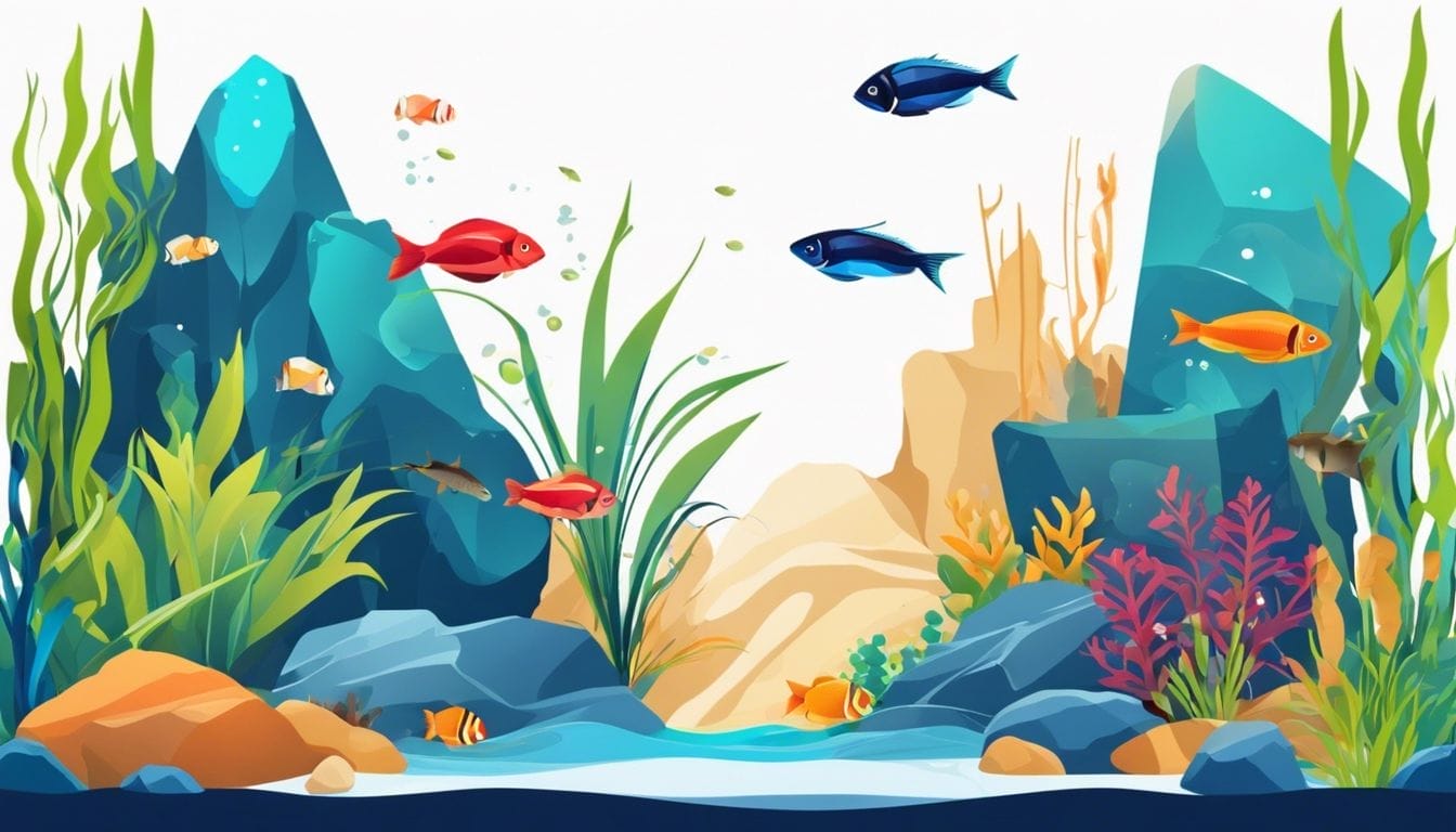 A freshwater aquarium showcasing vibrant fish, plants, and rock formations.