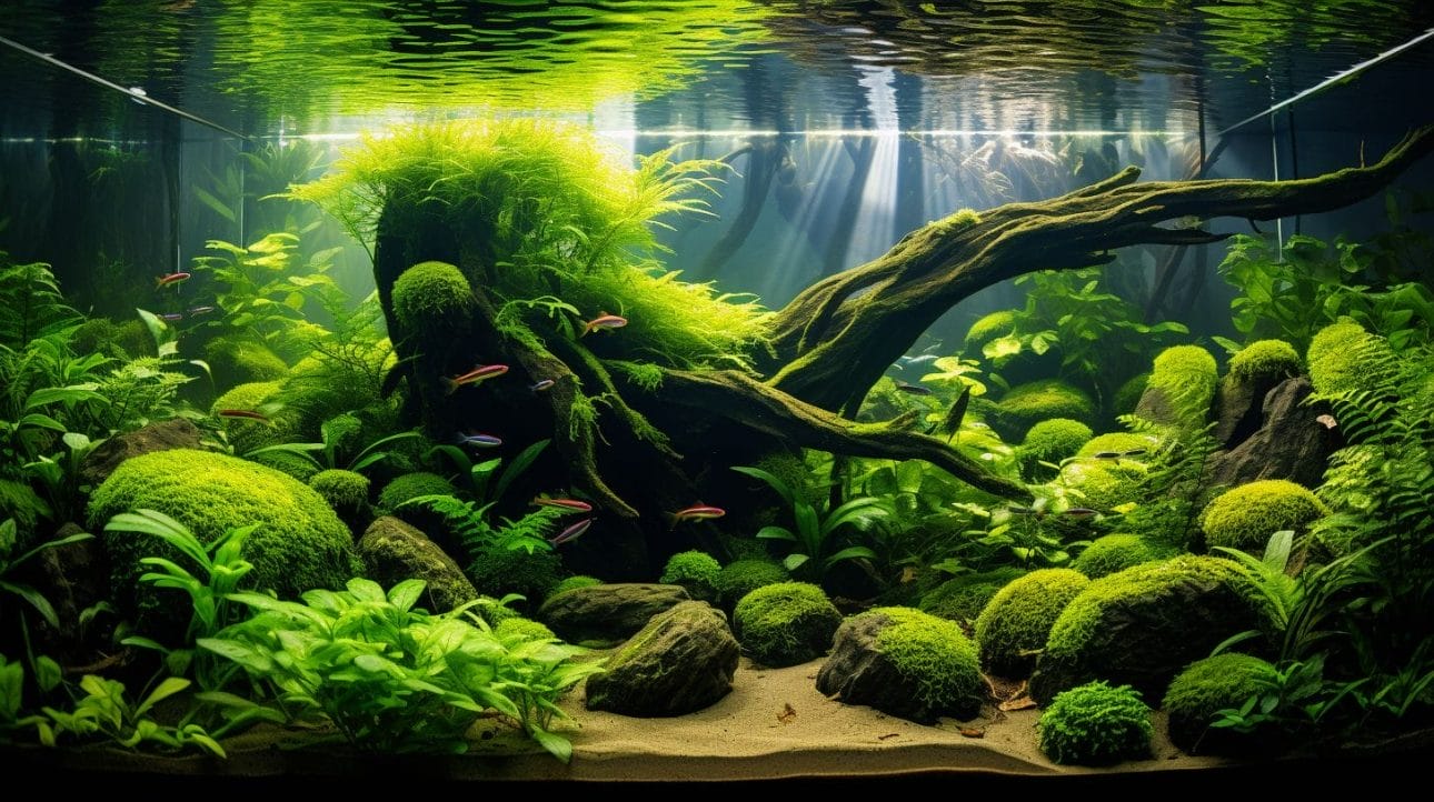 A flourishing planted aquarium with CO2 system and wide-angle view.