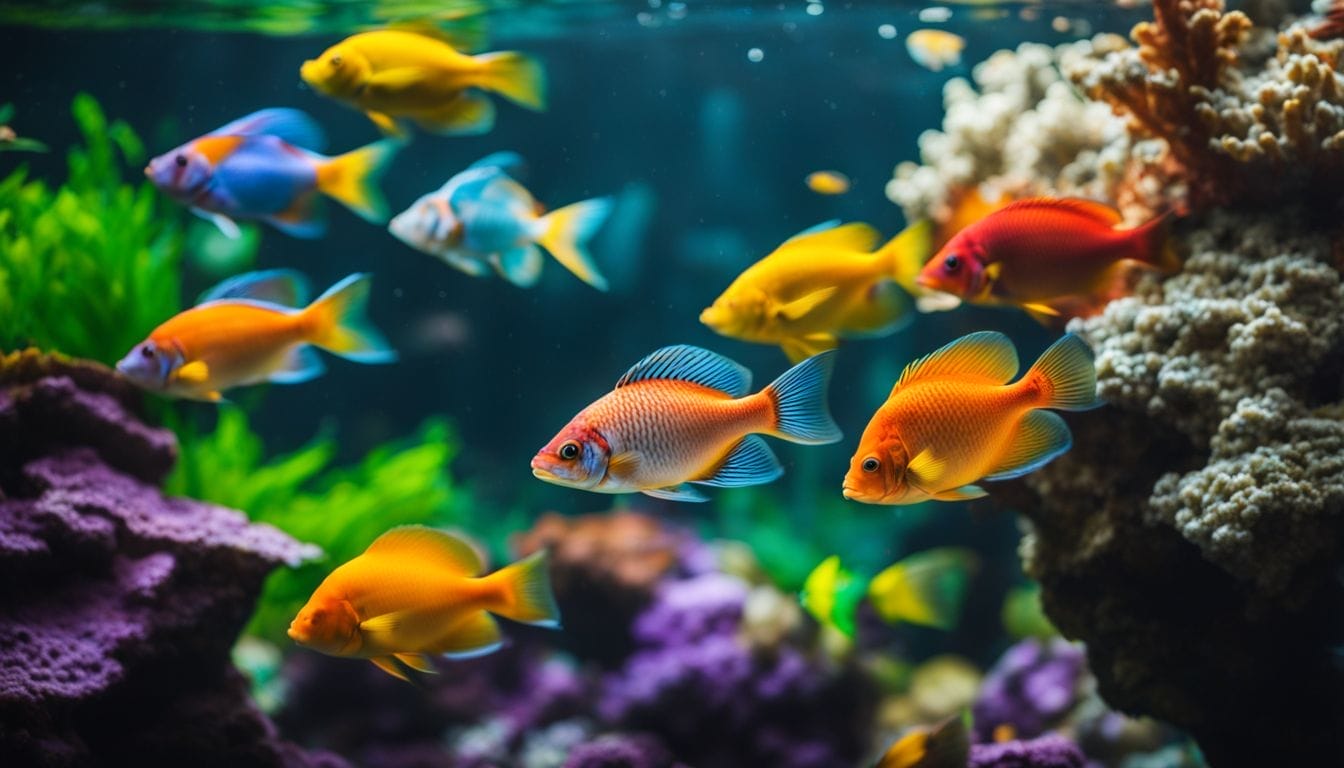 A vibrant aquarium with colorful fish swimming in clear water.