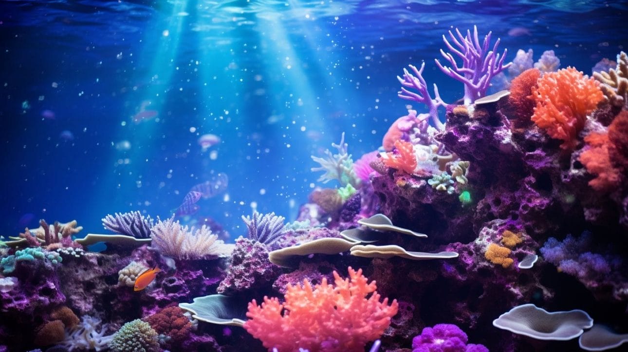 A vibrant coral reef is illuminated underwater with a DSLR camera.