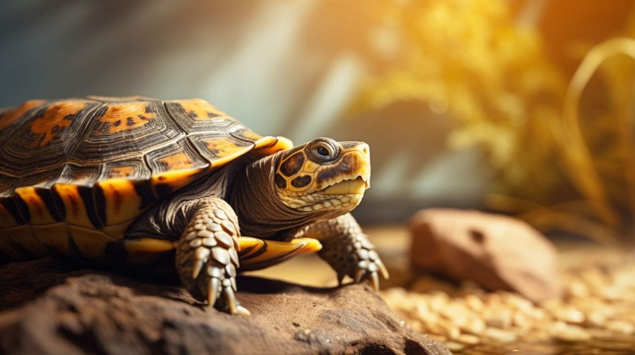 A turtle basking under a warm light in its tank.