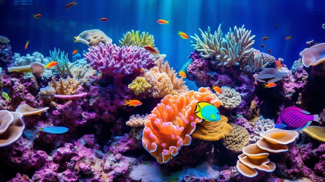 A vibrant coral reef in a busy saltwater aquarium.