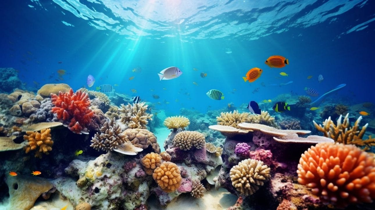 A vibrant coral reef captured in an underwater seascape photograph.