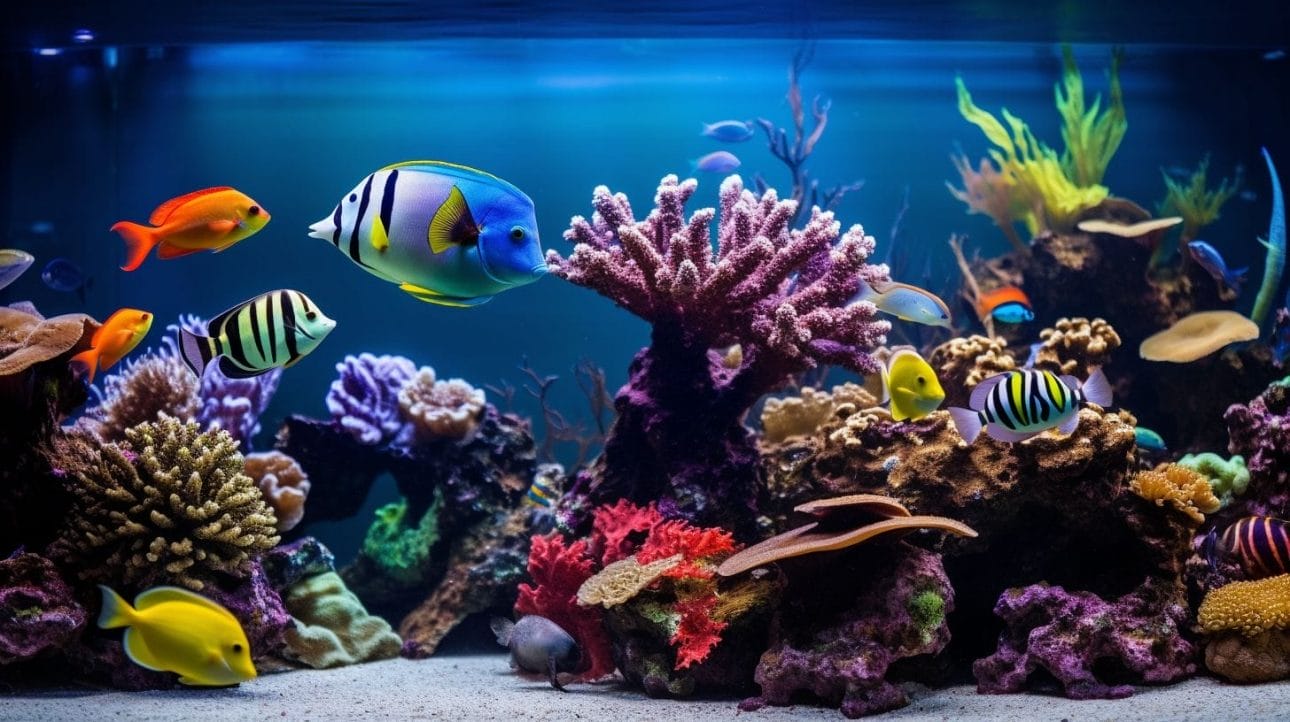 A variety of saltwater fish swim peacefully in a colorful aquarium.
