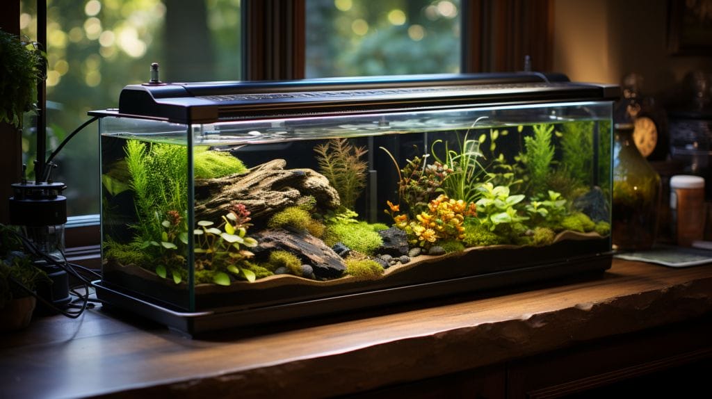 Cozy aquarium setup with visible heater and thriving fish.