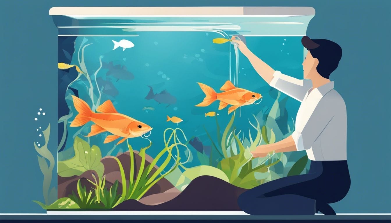 A person feeds Cory Catfish in a vibrant aquarium environment.