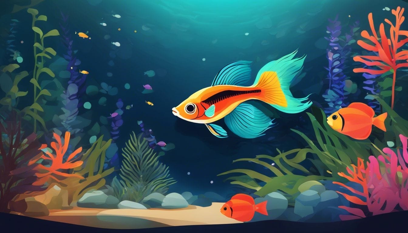 A pregnant guppy swimming gracefully in a vibrant aquarium.
