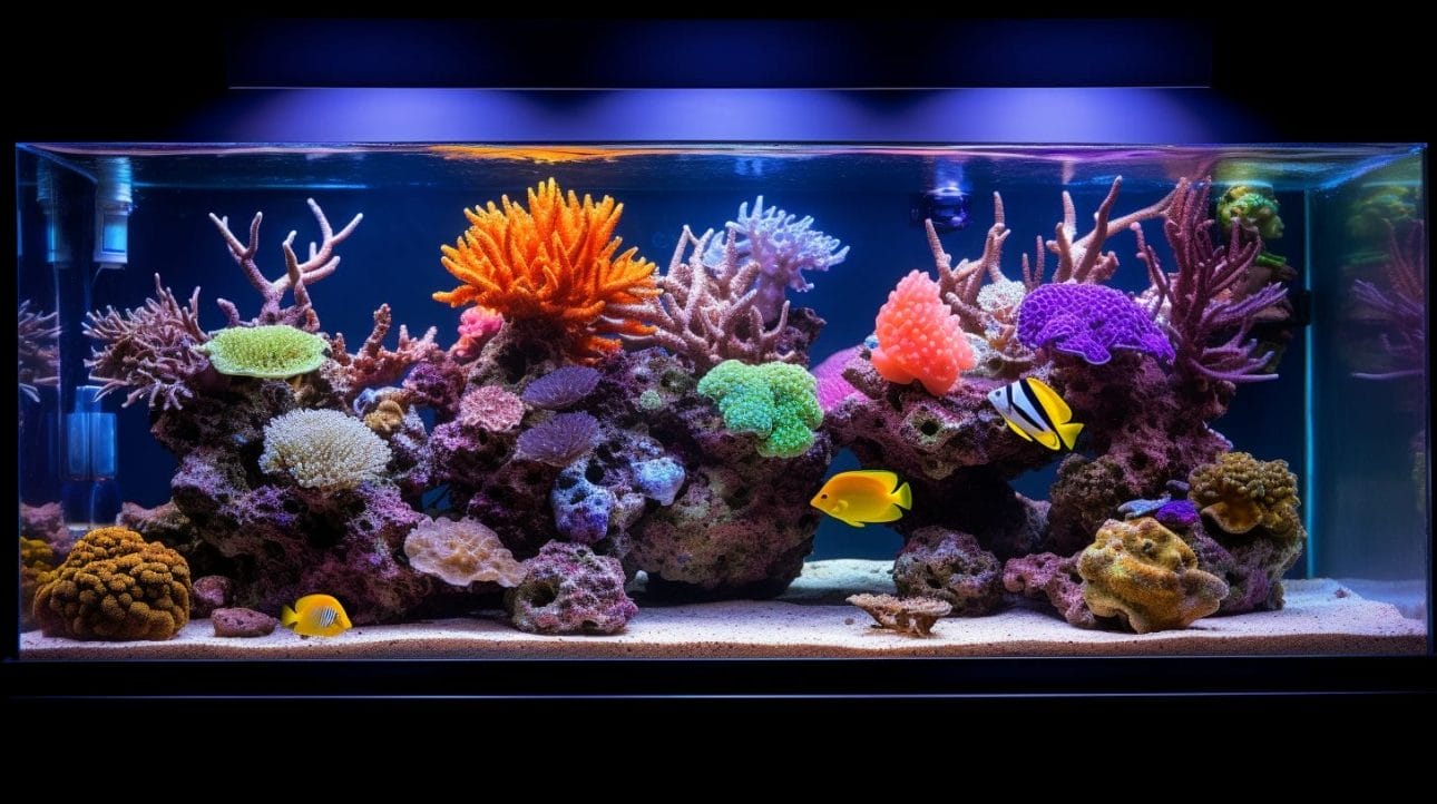 A colorful coral reef tank photographed underwater with LED lights.