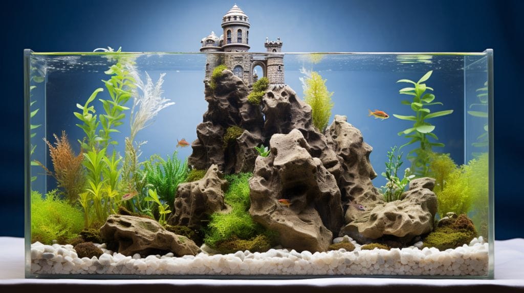Diverse aquarium with gravel, plants, castle, and fish.