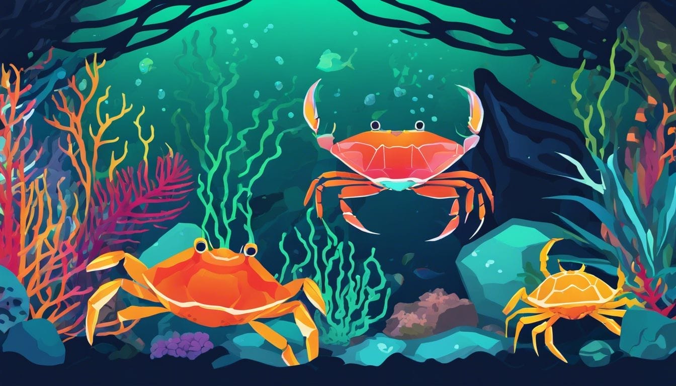 Emerald Crabs exploring a vibrant reef tank with diverse marine life.