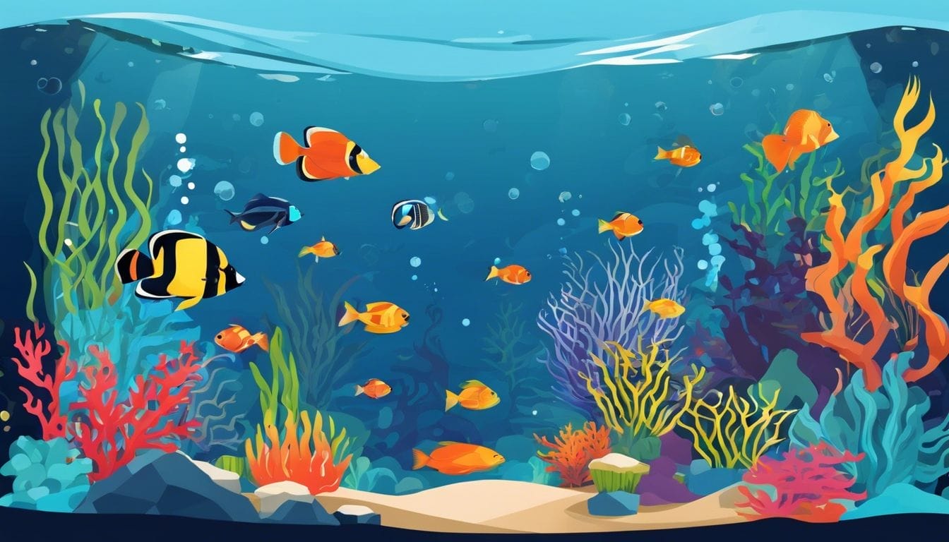 Vibrant, diverse aquarium fish swimming in rich underwater environment