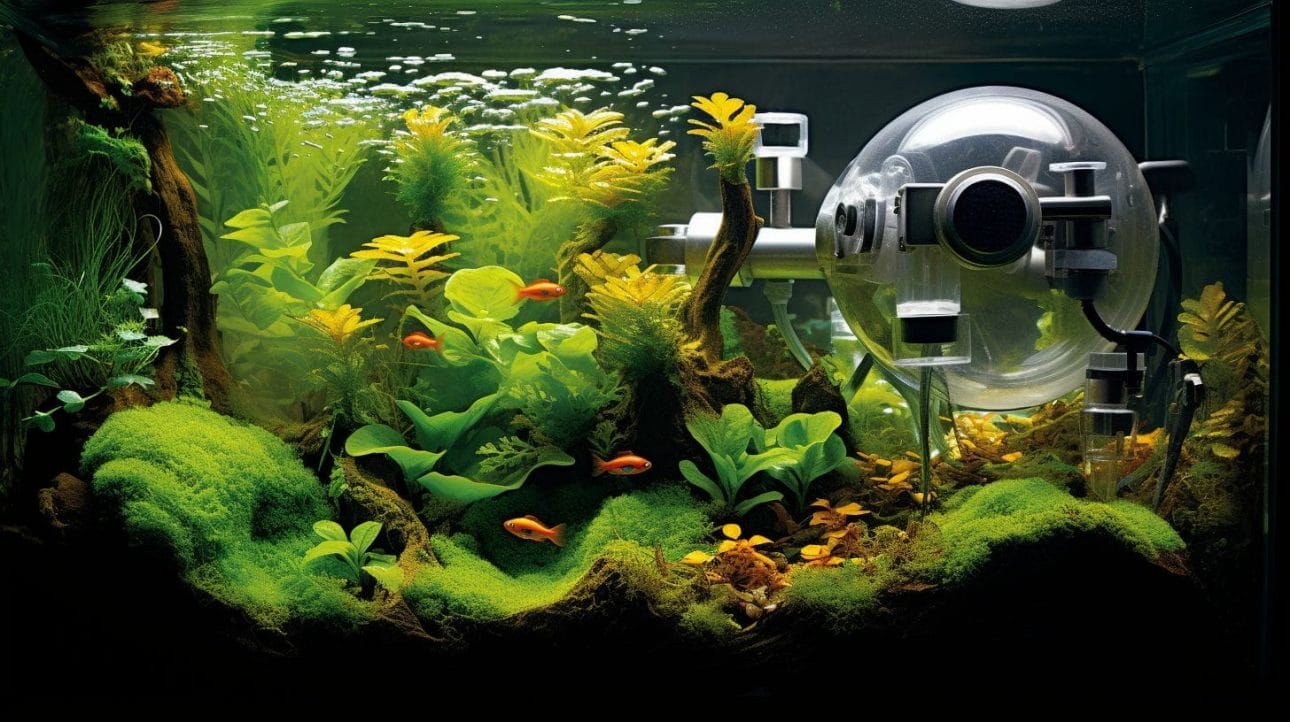 A detailed capture of a planted aquarium with CO2 diffuser and water flow.