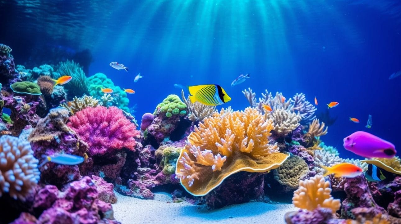 A tranquil saltwater aquarium with colorful marine life.